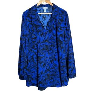 🩷 Catherines Women 3X Black Blue Abstract Long Sleeve Button Down Shirt